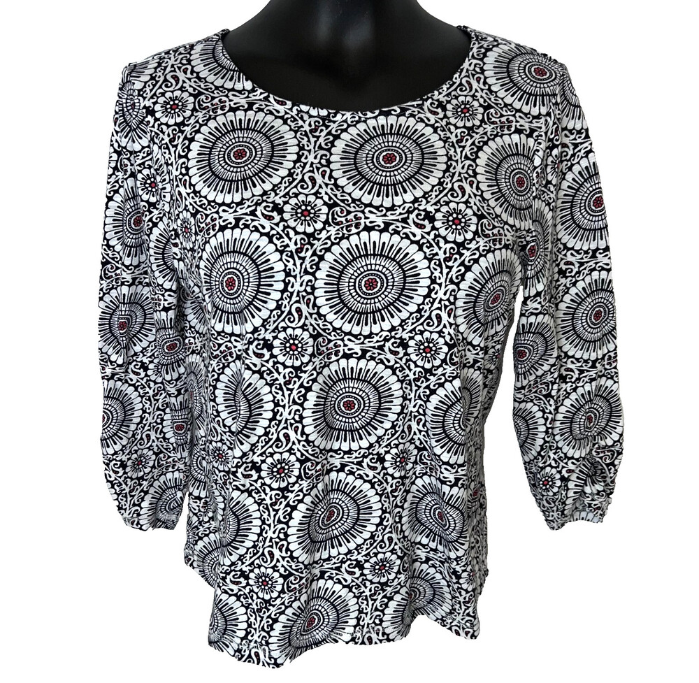 Women's LP Blouse T by Talbots Black Outline Medallion Print Ruched 3/4 Sleeve